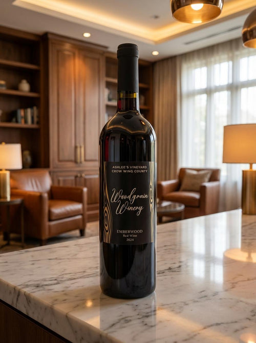 This is a picture of woodgrain winerys red wine named Emberwood. The bottle is standing vertically and has a black lable with gold metal flake woodgrain. The words on the lable are white. The image views the bottle from the front