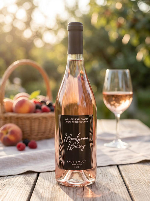 This is a picture of woodgrain winerys Rose wine named Wildwood. The bottle is standing vertically and has a black label with rose gold metal flake woodgrain. The words on the label are white. The image views the bottle from the front.